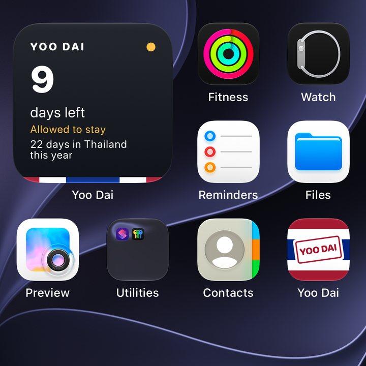 The Yoo Dai widget on the Home Screen: 9 days left, allowed to stay, 22 days in Thailand this year