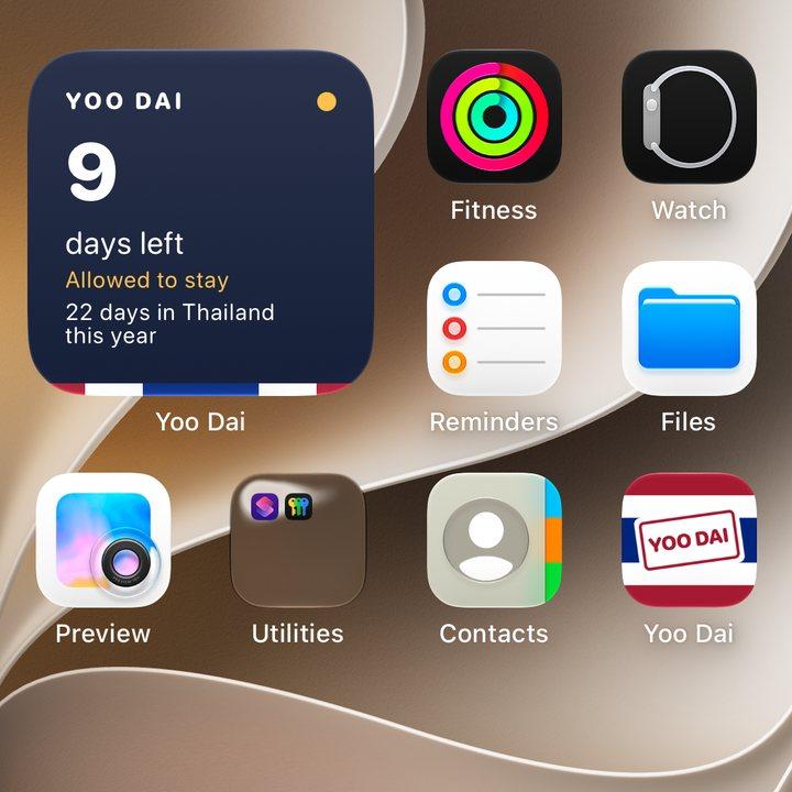 The Yoo Dai widget on the Home Screen: 9 days left, allowed to stay, 22 days in Thailand this year