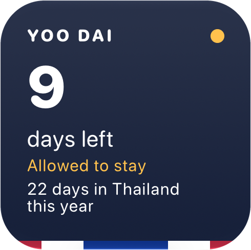 The Home Screen widget: 9 days left, allowed to stay, 22 days in Thailand this year