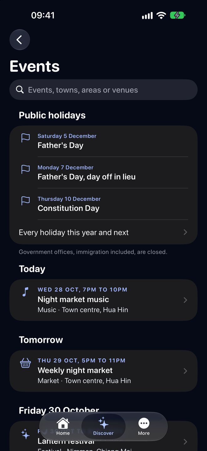 Events: public holidays, then events today, tomorrow and later