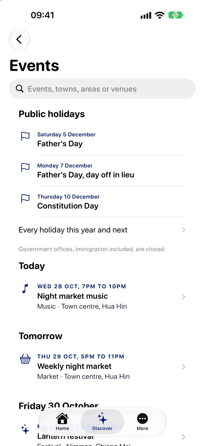 Events: public holidays, then events today, tomorrow and later