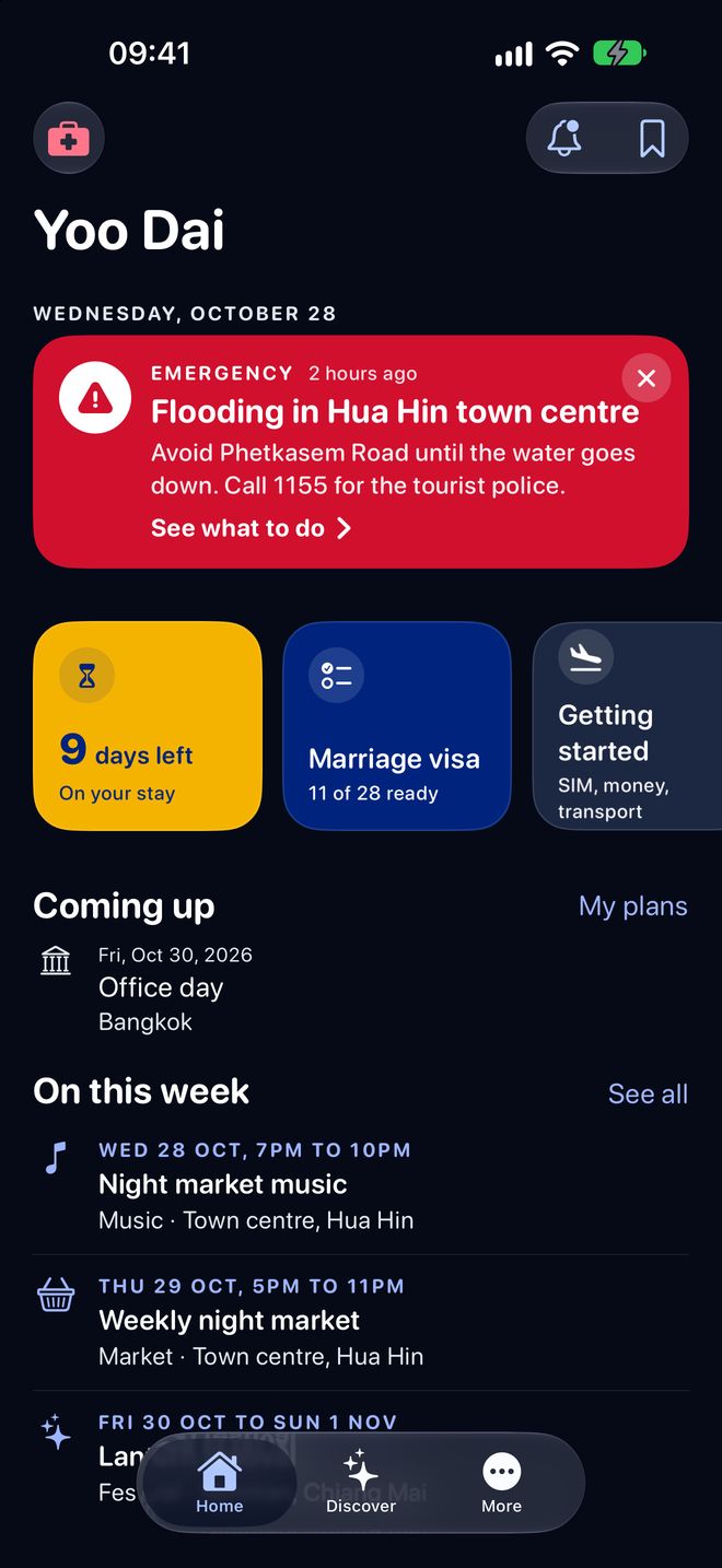 Home: 9 days left on your stay, your visa, what is coming up and events this week