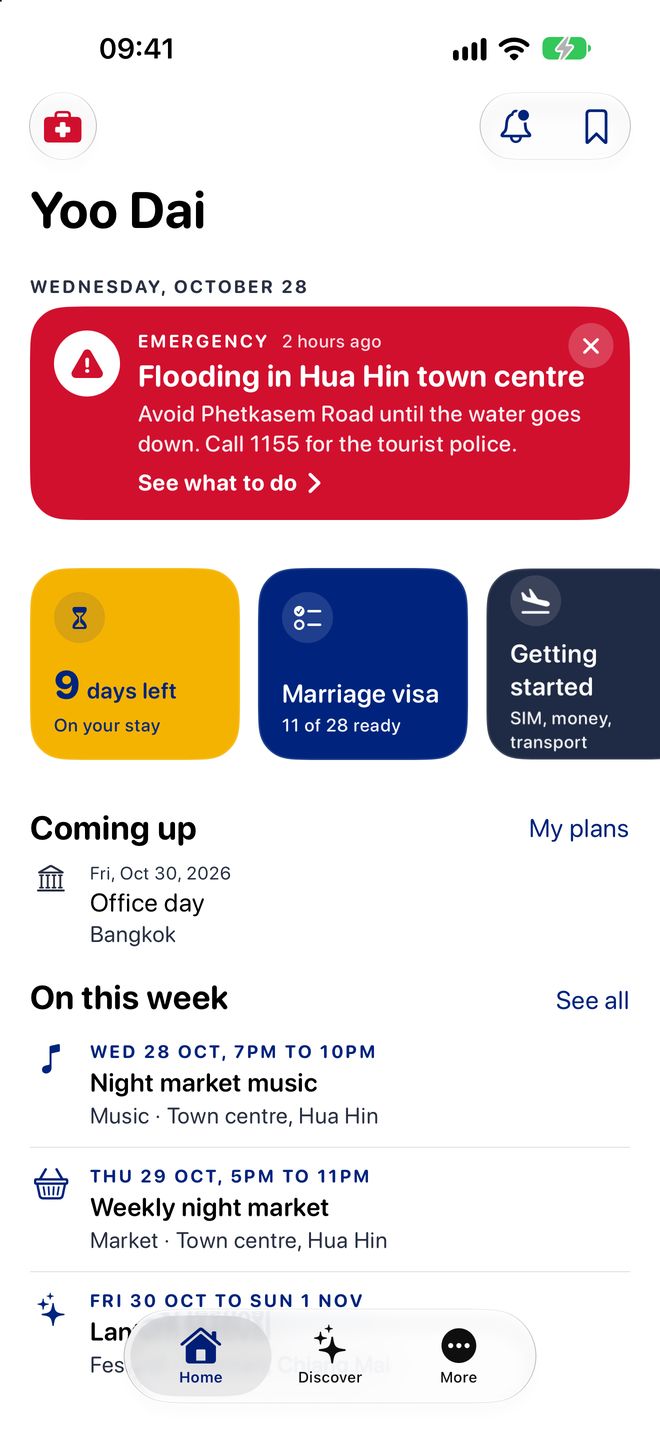 Home: 9 days left on your stay, your visa, what is coming up and events this week
