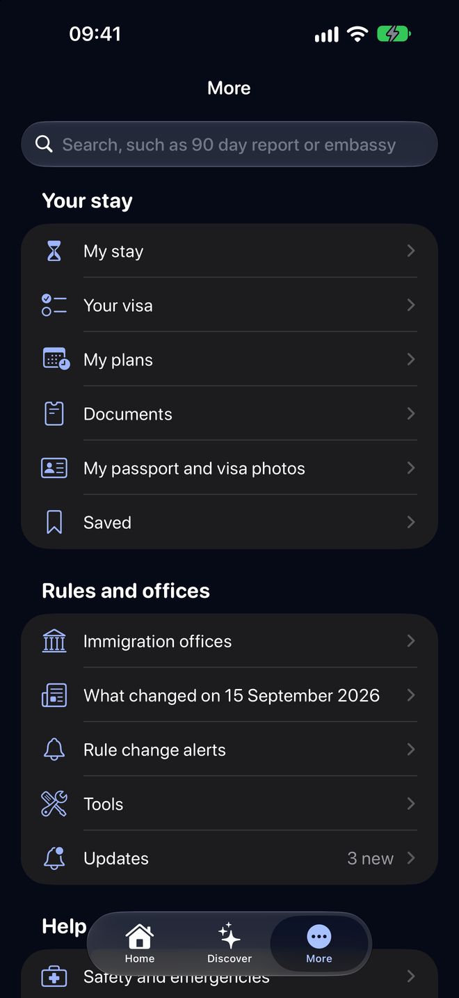 More: your stay, your visa, my plans, documents, immigration offices, rule change alerts and tools