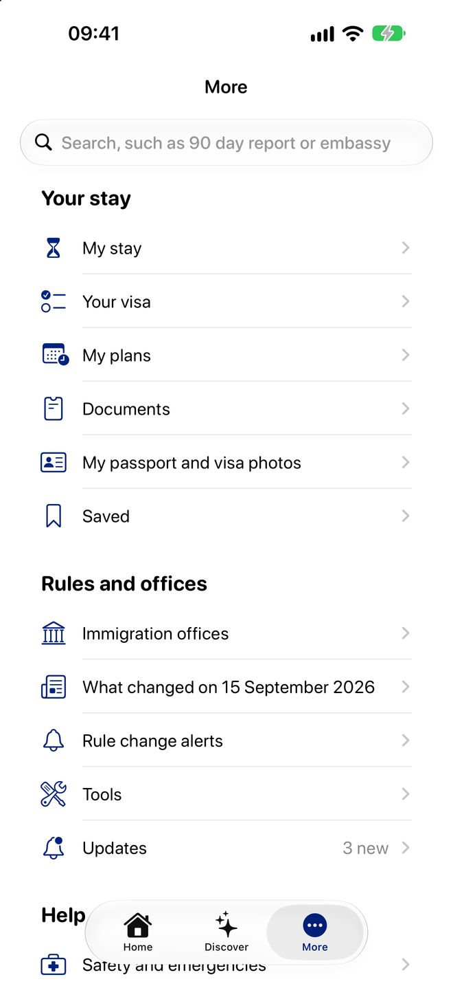 More: your stay, your visa, my plans, documents, immigration offices, rule change alerts and tools