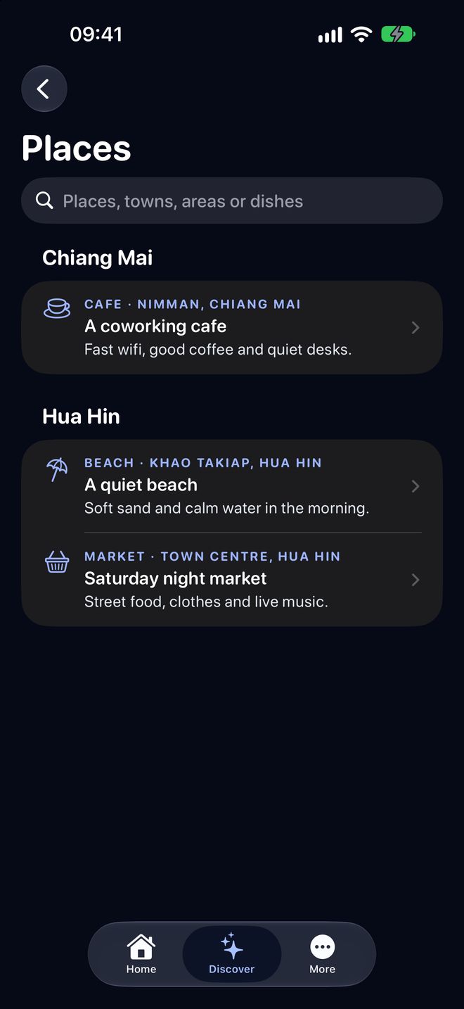 Places by town: a coworking cafe in Chiang Mai, a beach and a night market in Hua Hin
