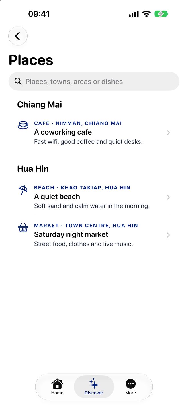 Places by town: a coworking cafe in Chiang Mai, a beach and a night market in Hua Hin