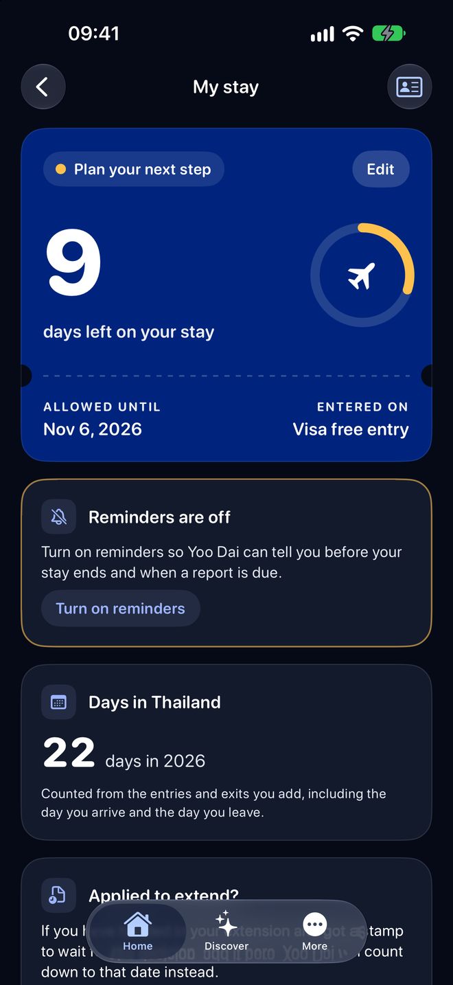 My stay: 9 days left, allowed until 6 November, 22 days in Thailand this year