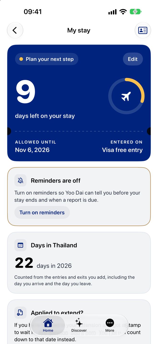 My stay: 9 days left, allowed until 6 November, 22 days in Thailand this year